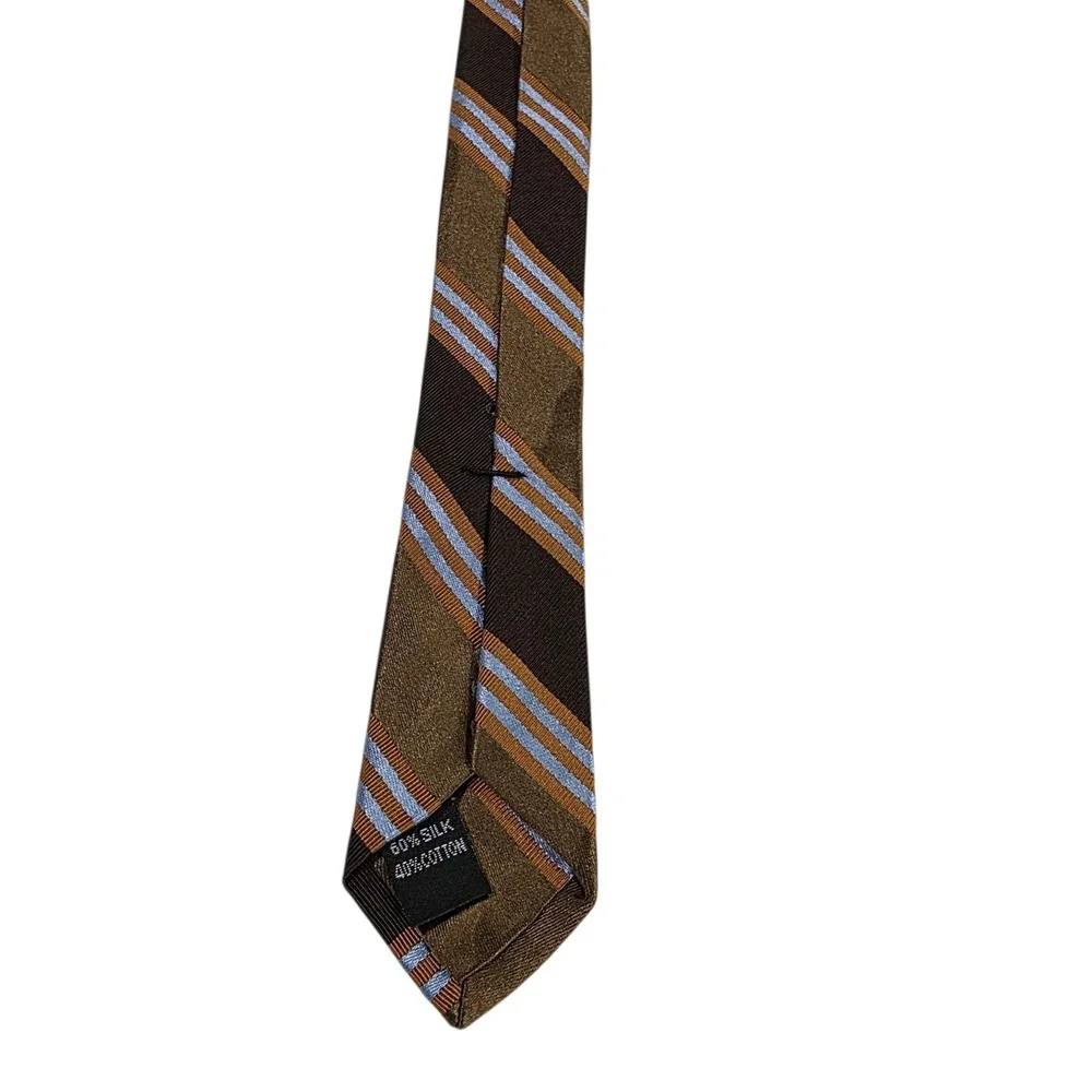 Ike Behar 7-Fold Mens Tie Necktie Designer Luxury Brown Blue‎ Stripe Cotton Silk